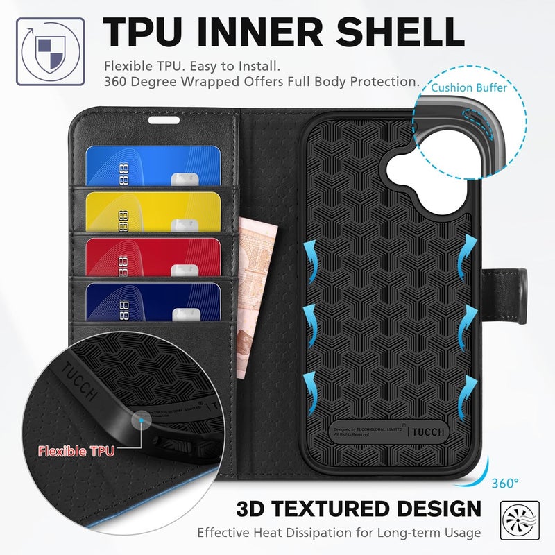 TUCCH Wallet Case for iPhone 17 (6.3-Inch) 2025, RFID Blocking 4 Card Slots | Kickstand | Magnetic Closure | PU Leather | Shockproof TPU Shell | Protective Flip Cover | Black & Light Blue - Image 5